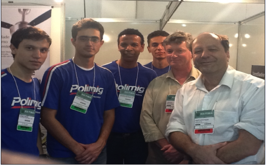 Students from POLIMIG : Sideny Junior, Paulo Zanoni , Cid Benevides , prof.Euripes Alves next to the eng . Cesar Soos and Roberto Frascari , at the stand of Keppe Motor in FIMAI